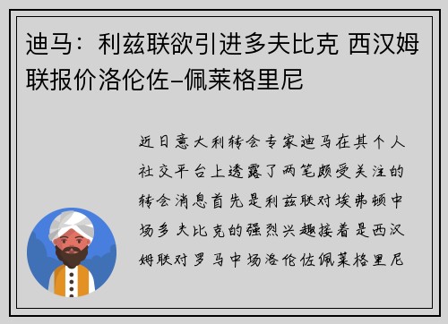 迪马：利兹联欲引进多夫比克 西汉姆联报价洛伦佐-佩莱格里尼